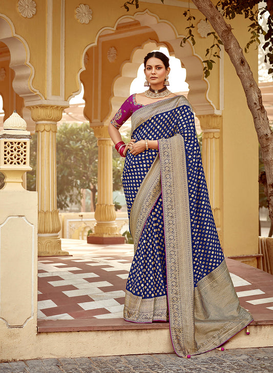 Monjolika Fashion Navy Blue Banarasi Weaving Dola Silk Wedding Saree | Swadesiicart