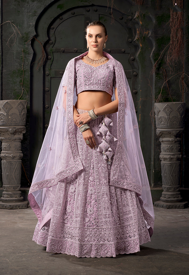 Monjolika Fashion Lavender Net Lehenga Choli In Thread Embroidered - Swadesiicart