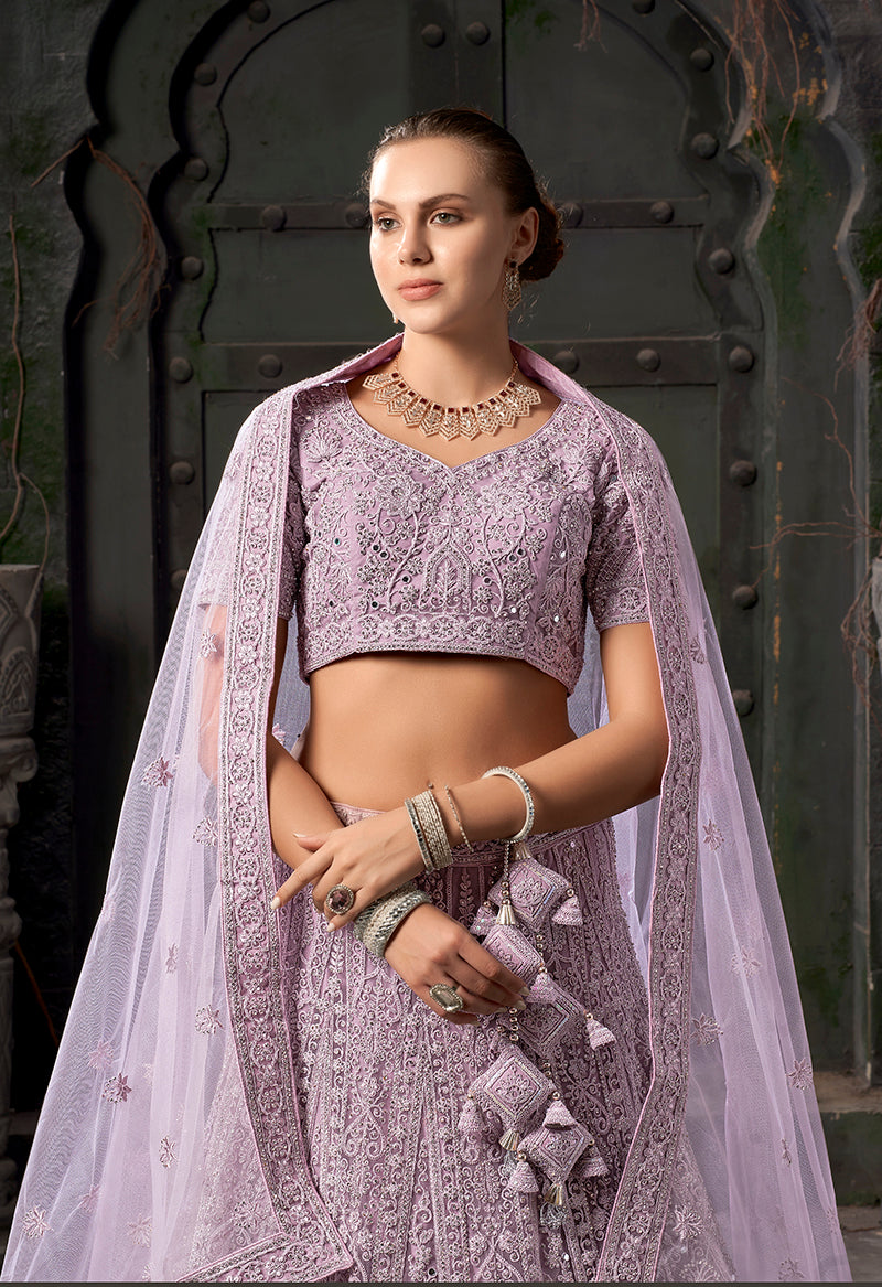 Monjolika Fashion Lavender Net Lehenga Choli In Thread Embroidered - Swadesiicart