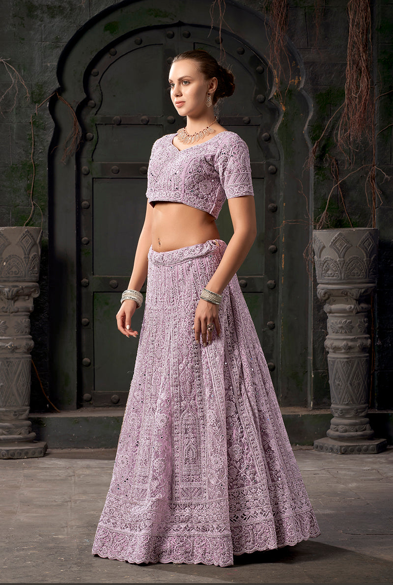 Monjolika Fashion Lavender Net Lehenga Choli In Thread Embroidered - Swadesiicart