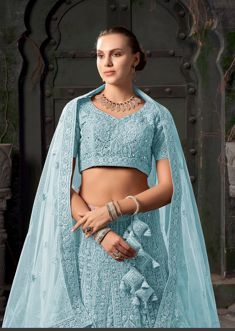Monjolika Fashion Sky blue Net Lehenga Choli In Thread Embroidered - Swadesiicart