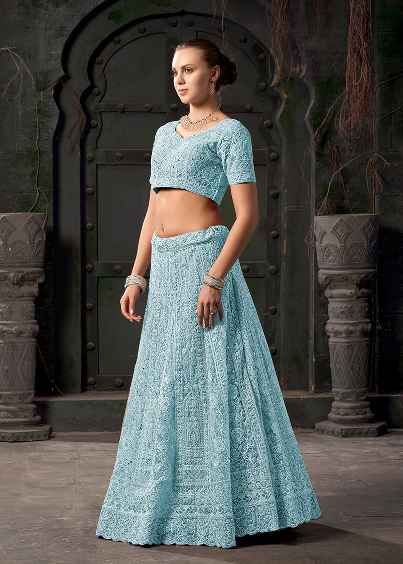 Monjolika Fashion Sky blue Net Lehenga Choli In Thread Embroidered - Swadesiicart