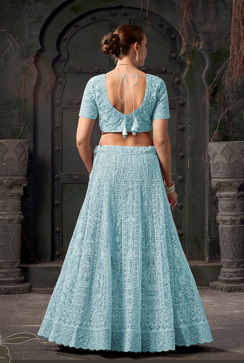 Monjolika Fashion Sky blue Net Lehenga Choli In Thread Embroidered - Swadesiicart