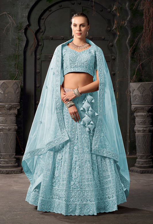 Monjolika Fashion Sky blue Net Lehenga Choli In Thread Embroidered - Swadesiicart