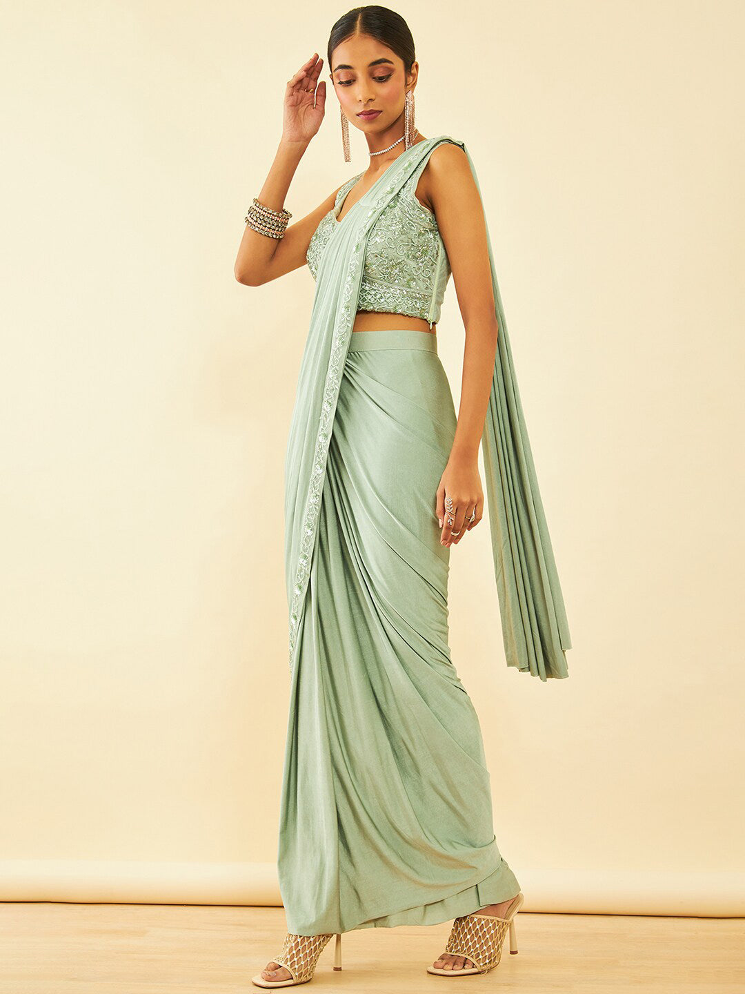Soch Green Beads and Stones Embellished Ready to Wear Saree | Swadesiicart