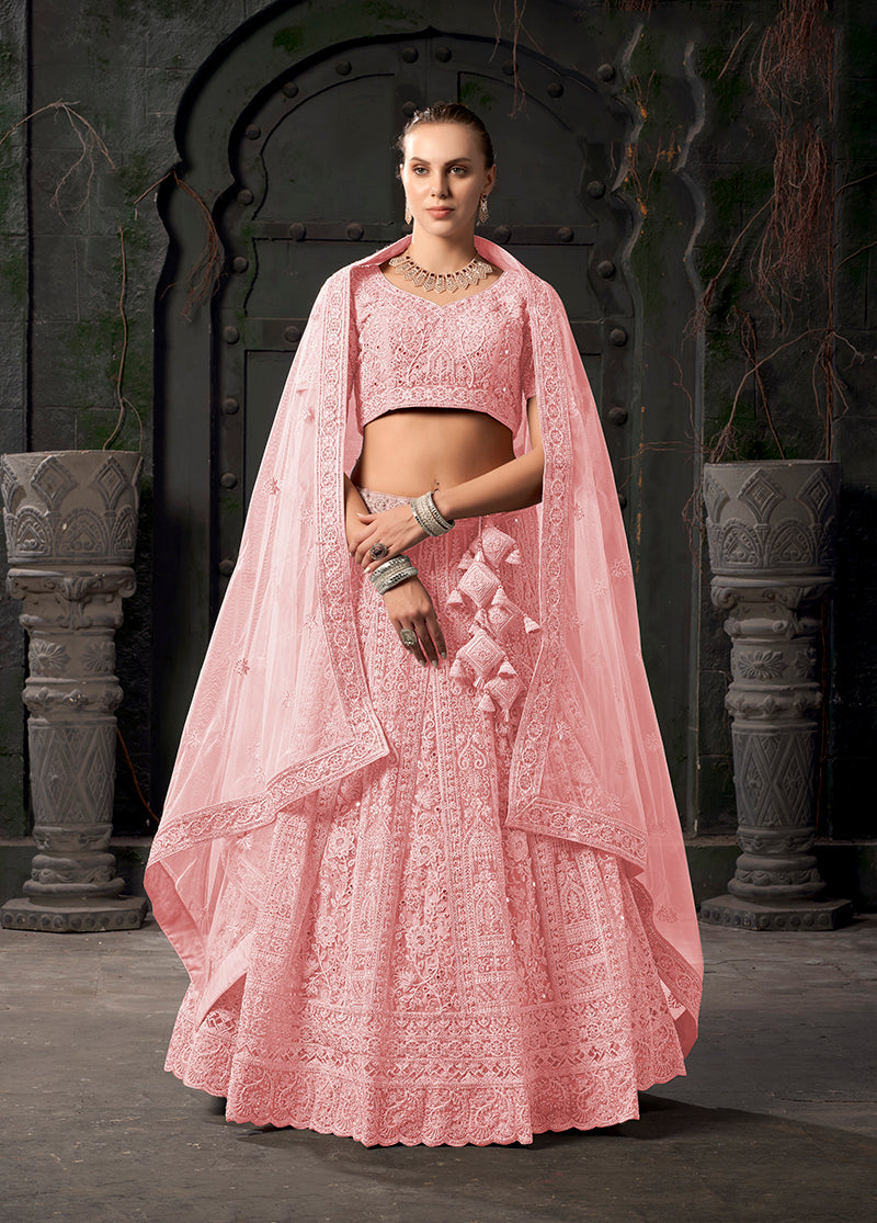 Monjolika Fashion Light pink Net Lehenga Choli In Thread Embroidered - Swadesiicart