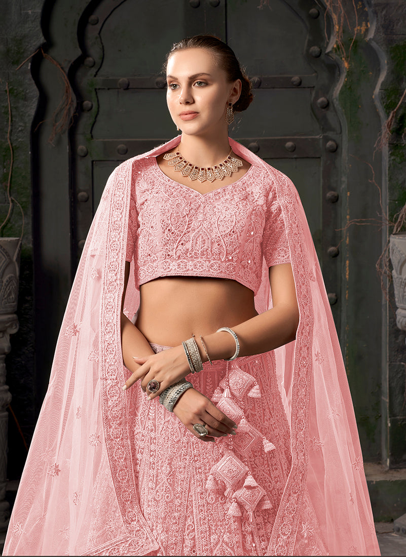 Monjolika Fashion Light pink Net Lehenga Choli In Thread Embroidered - Swadesiicart