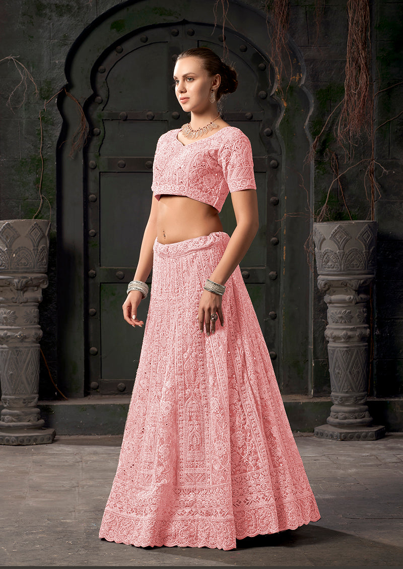 Monjolika Fashion Light pink Net Lehenga Choli In Thread Embroidered - Swadesiicart