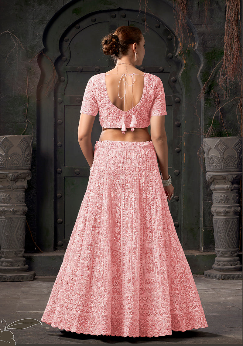 Monjolika Fashion Light pink Net Lehenga Choli In Thread Embroidered - Swadesiicart