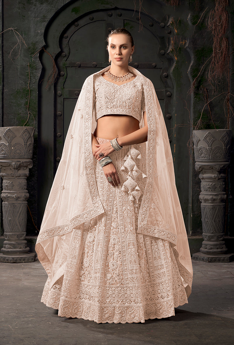 Monjolika Fashion Cream Net Lehenga Choli In Thread Embroidered - Swadesiicart