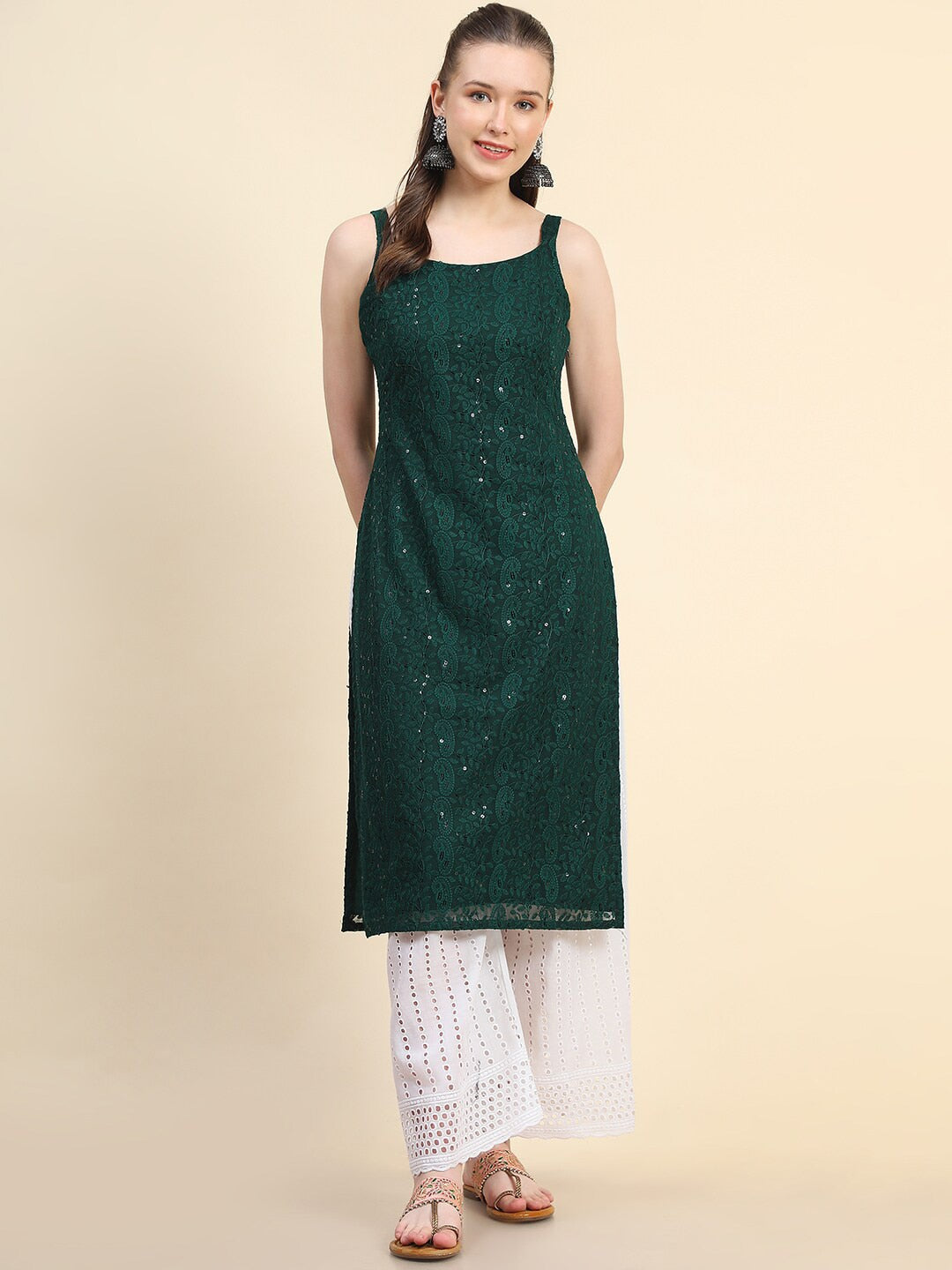 Kalini Women Paisley Embroiderd Chikankari Sequinned Georgette Kurta | Swadesiicart