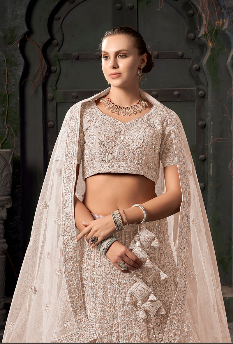 Monjolika Fashion Cream Net Lehenga Choli In Thread Embroidered - Swadesiicart