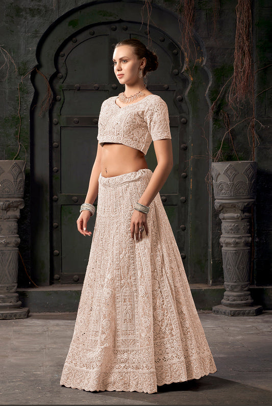 Monjolika Fashion Cream Net Lehenga Choli In Thread Embroidered - Swadesiicart