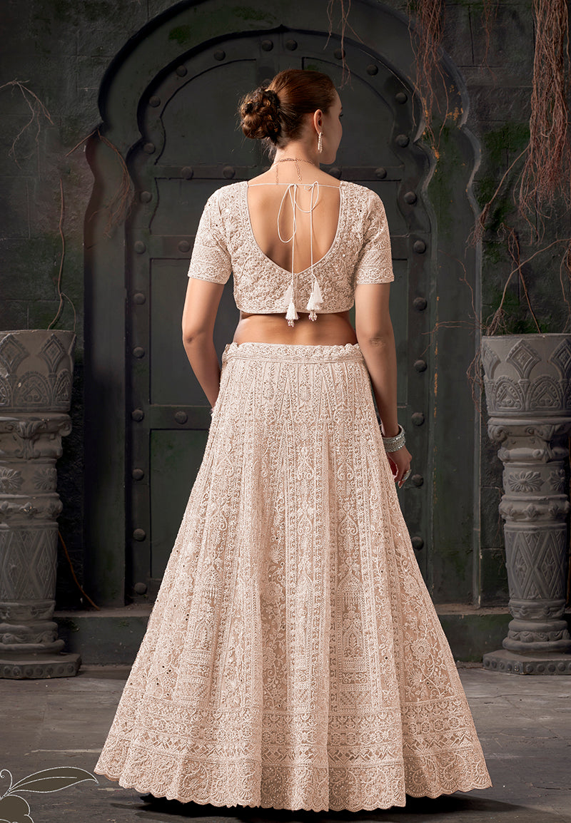 Monjolika Fashion Cream Net Lehenga Choli In Thread Embroidered - Swadesiicart