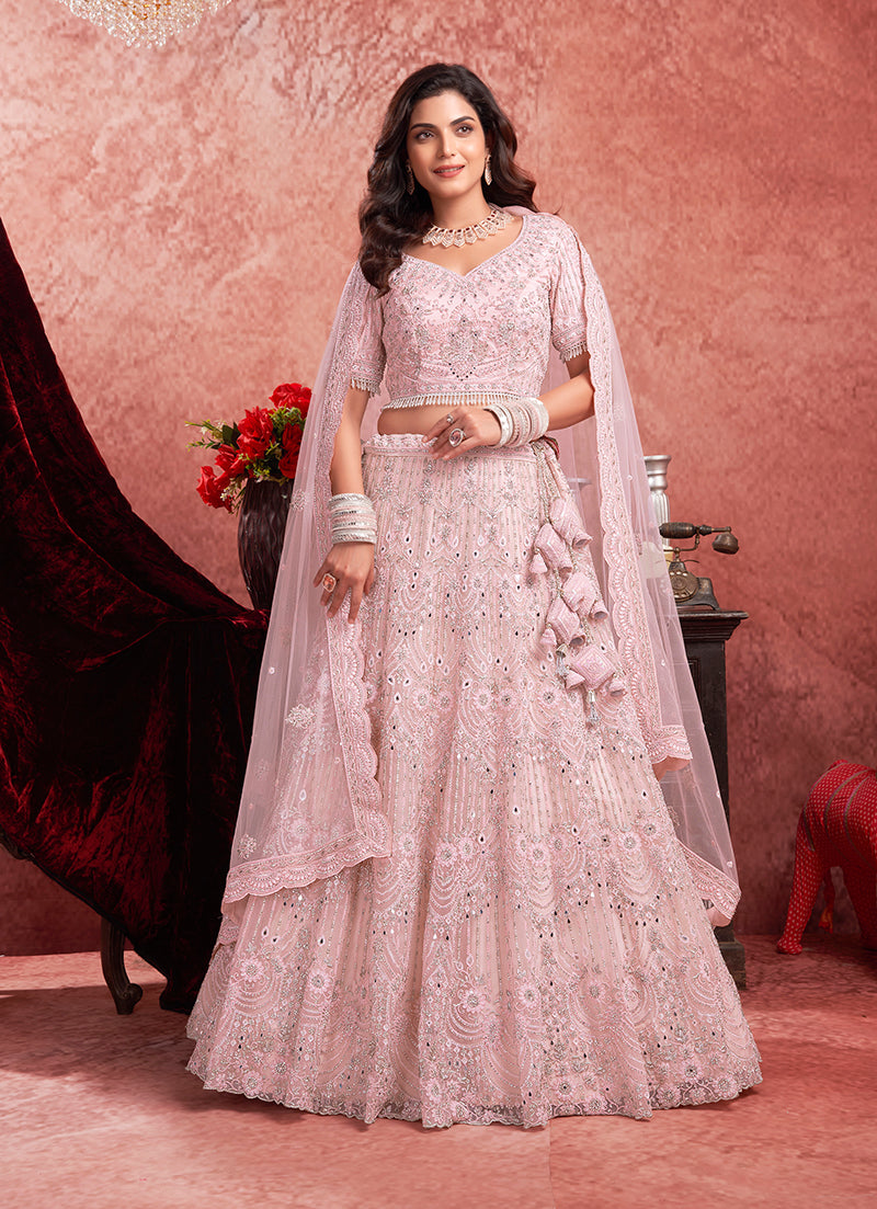 Monjolika Fashion Baby pink Net Lehenga Choli In Thread Embroidered - Swadesiicart