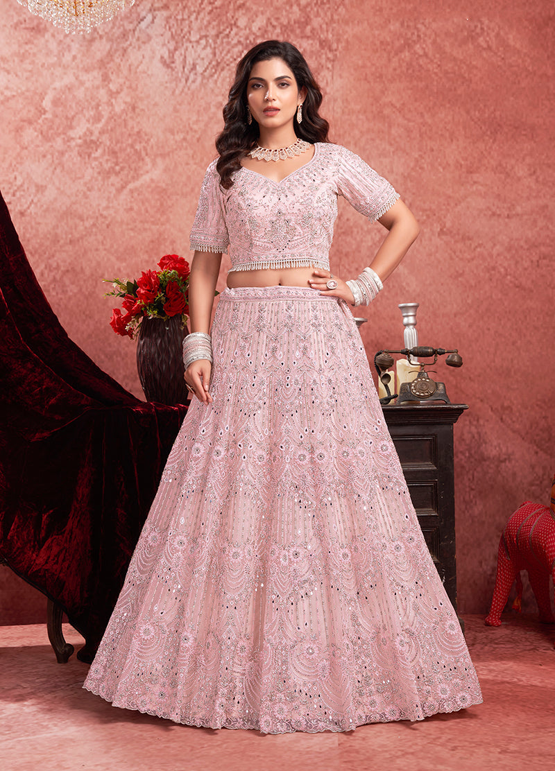 Monjolika Fashion Baby pink Net Lehenga Choli In Thread Embroidered - Swadesiicart