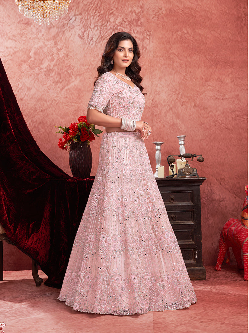Monjolika Fashion Baby pink Net Lehenga Choli In Thread Embroidered - Swadesiicart