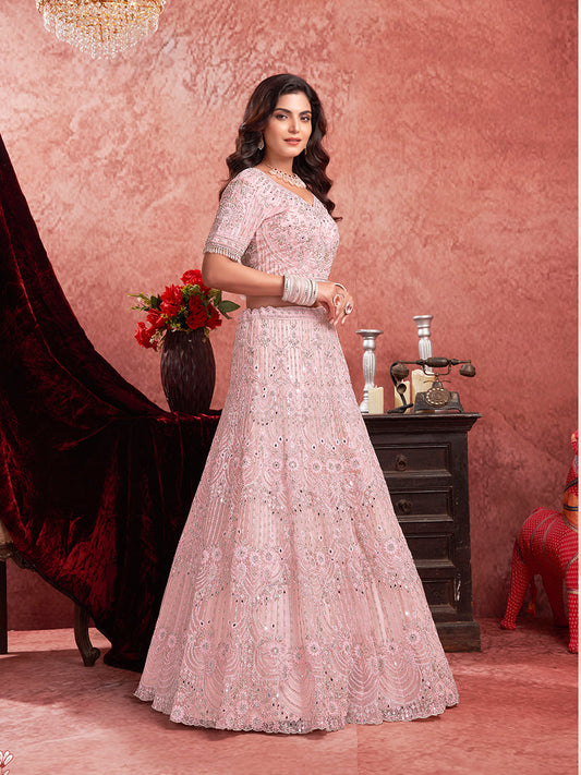 Monjolika Fashion Baby pink Net Lehenga Choli In Thread Embroidered - Swadesiicart