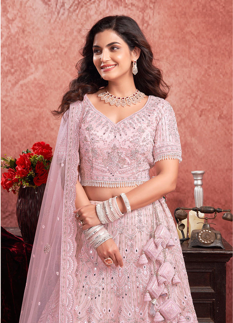Monjolika Fashion Baby pink Net Lehenga Choli In Thread Embroidered - Swadesiicart