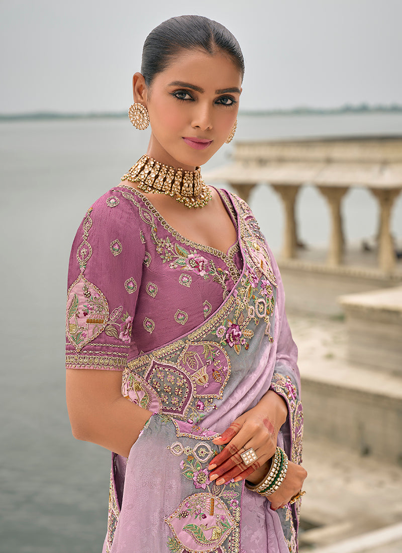 Monjolika Fashion Lavender Color Banarasi Silk Blend Embroidered With Heavy Patchwork Border Saree | Swadesiicart