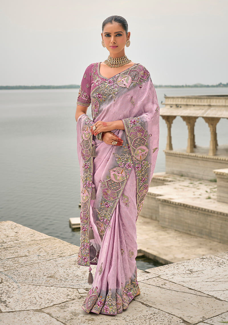 Monjolika Fashion Lavender Color Banarasi Silk Blend Embroidered With Heavy Patchwork Border Saree | Swadesiicart