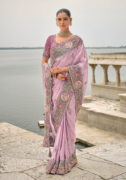 Monjolika Fashion Lavender Color Banarasi Silk Blend Embroidered With Heavy Patchwork Border Saree | Swadesiicart