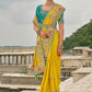 Monjolika Fashion Yellow Color Banarasi Silk Blend Embroidered With Heavy Patchwork Border Saree With Contrast Blouse | Swadesiicart