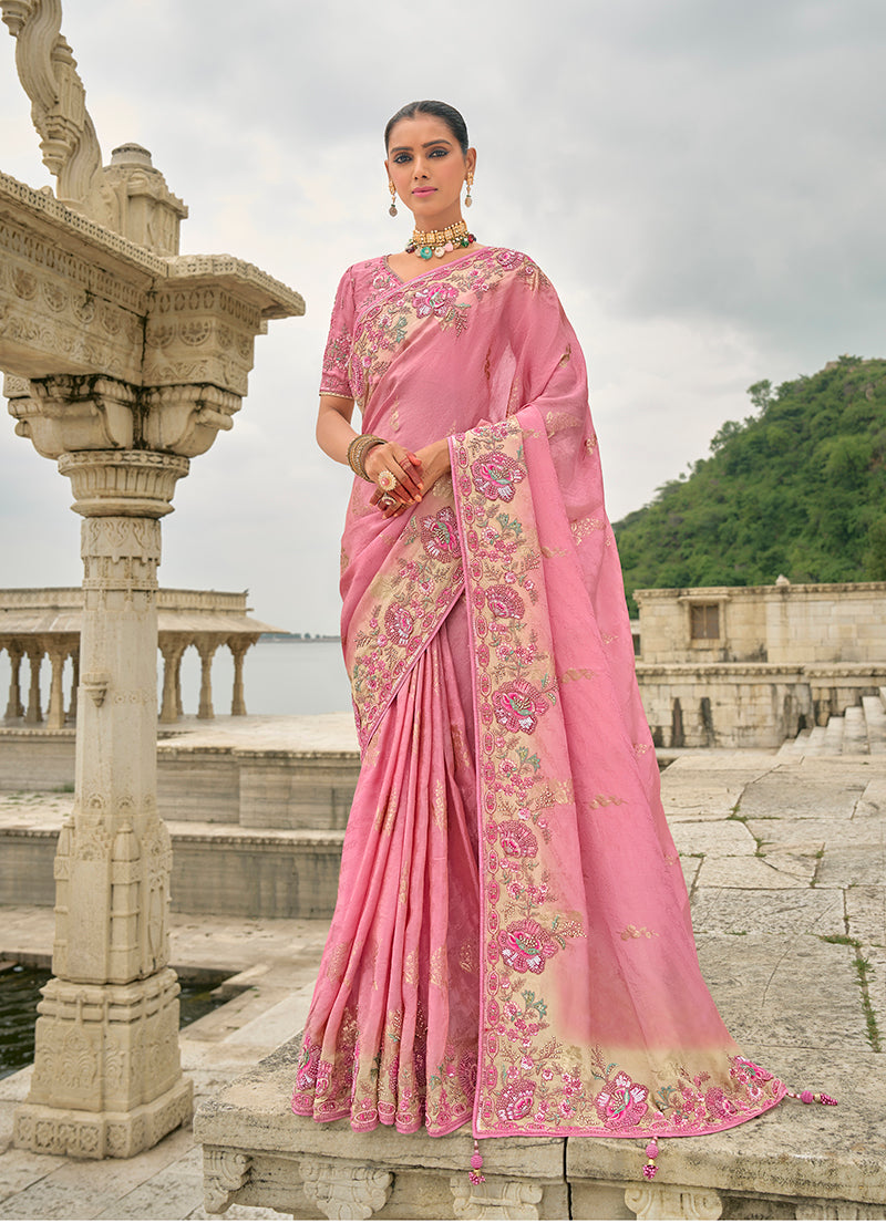 Monjolika Fashion Pink Color Banarasi Silk Blend Sequin Embroidered With Heavy Patchwork Border Saree | Swadesiicart