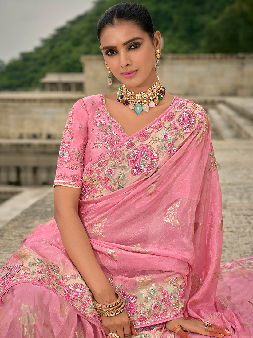 Monjolika Fashion Pink Color Banarasi Silk Blend Sequin Embroidered With Heavy Patchwork Border Saree | Swadesiicart