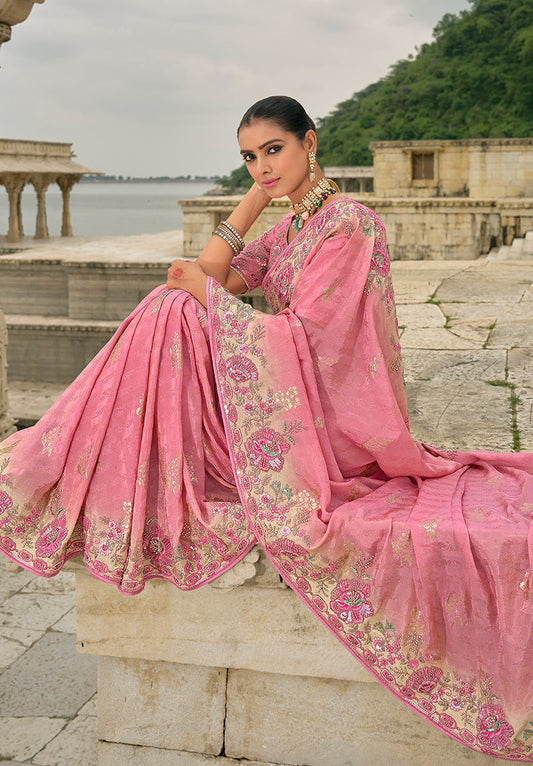 Monjolika Fashion Pink Color Banarasi Silk Blend Sequin Embroidered With Heavy Patchwork Border Saree | Swadesiicart