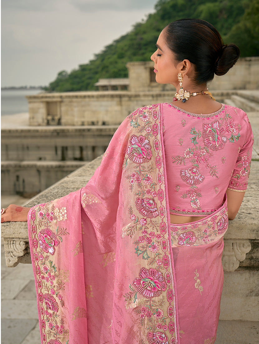 Monjolika Fashion Pink Color Banarasi Silk Blend Sequin Embroidered With Heavy Patchwork Border Saree | Swadesiicart