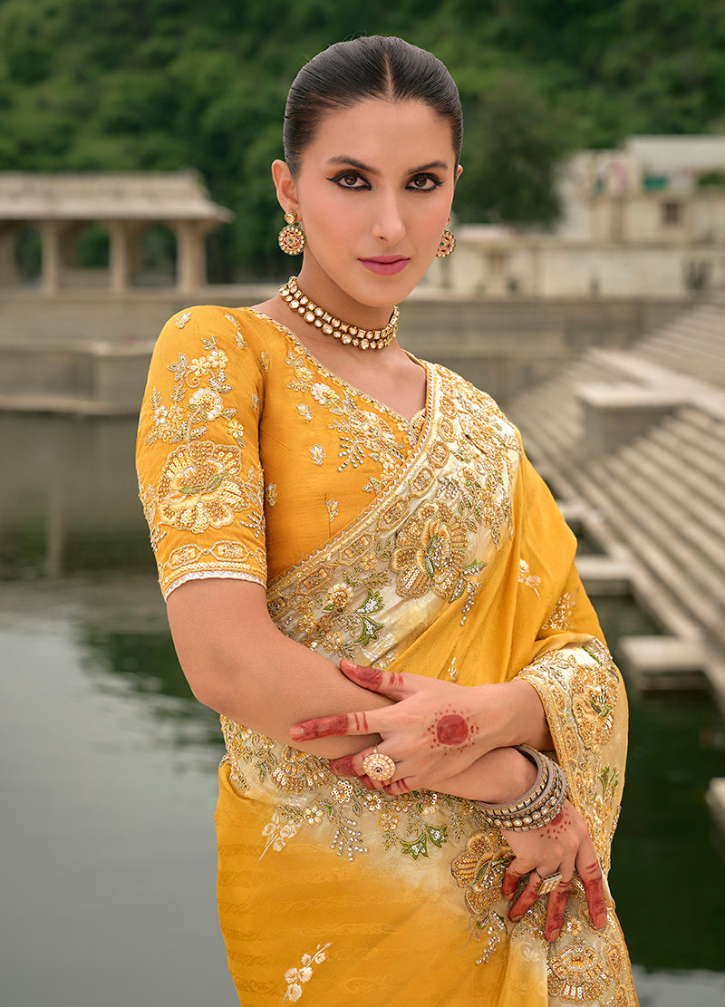 Monjolika Fashion Yellow Color Banarasi Silk Blend Sequin Embroidered With Heavy Patchwork Border Saree | Swadesiicart