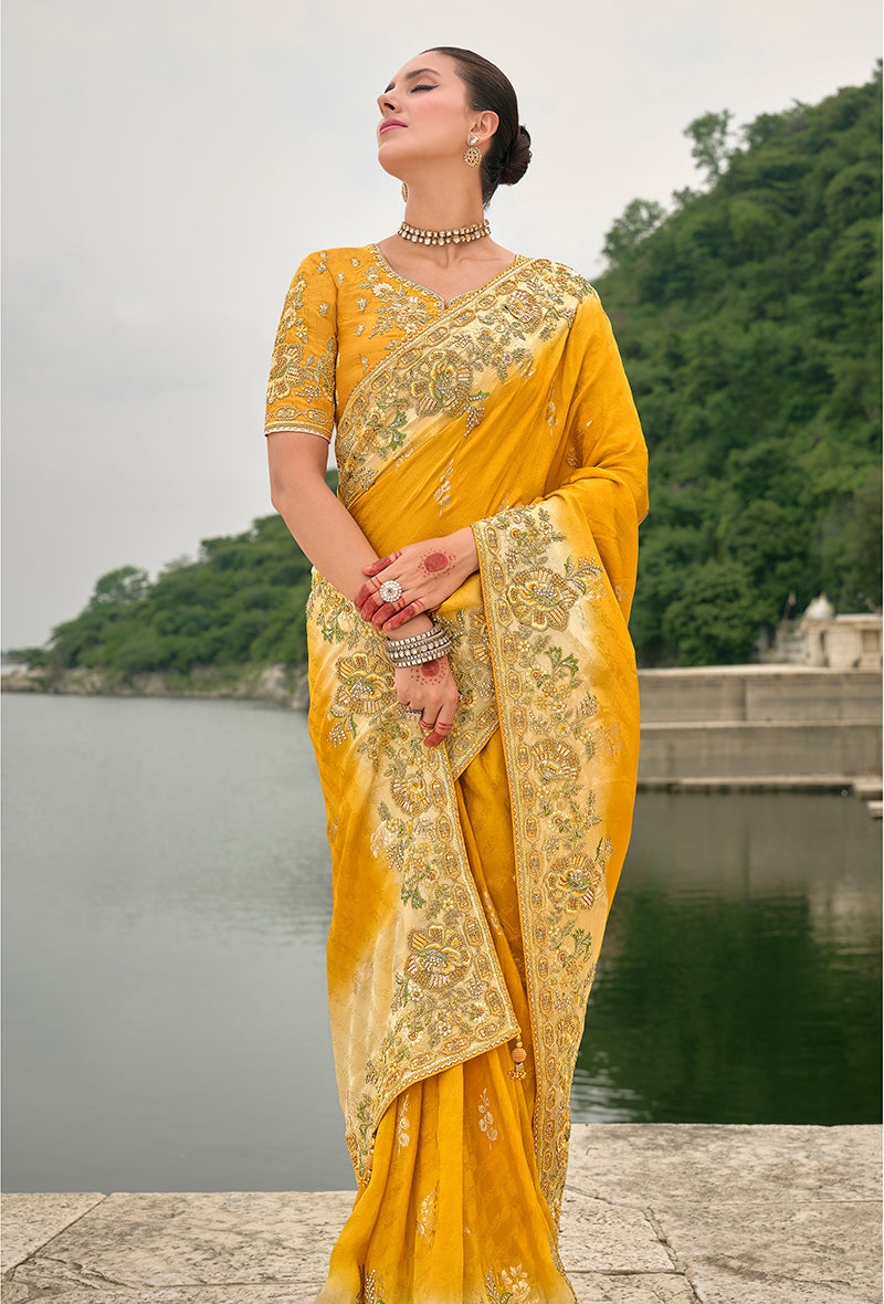 Monjolika Fashion Yellow Color Banarasi Silk Blend Sequin Embroidered With Heavy Patchwork Border Saree | Swadesiicart