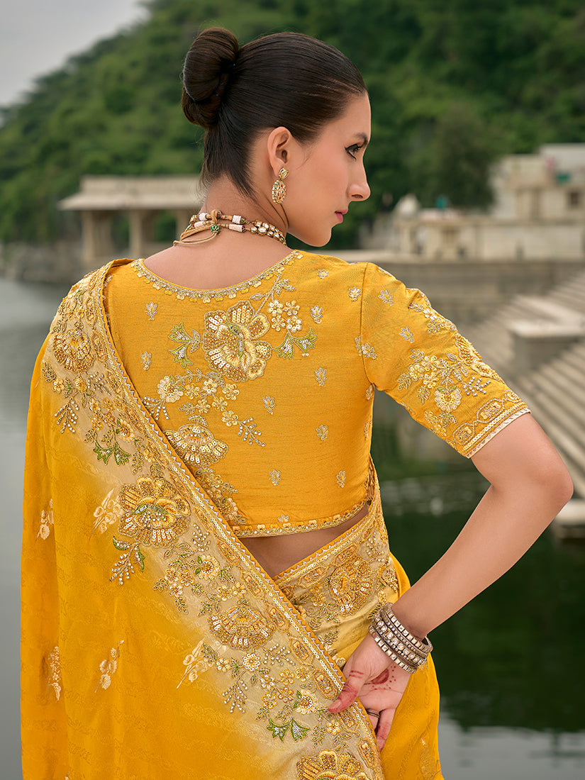 Monjolika Fashion Yellow Color Banarasi Silk Blend Sequin Embroidered With Heavy Patchwork Border Saree | Swadesiicart