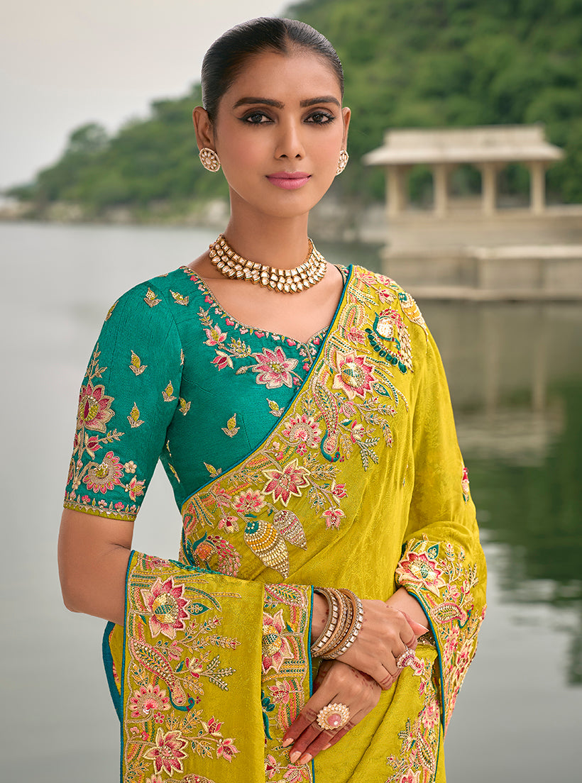 Monjolika Fashion Pear Color Banarasi Silk Blend Sequin Embroidered With Heavy Patchwork Border Saree | Swadesiicart
