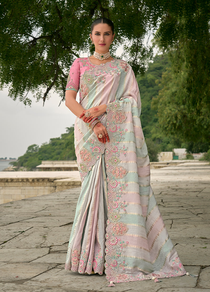 Monjolika Fashion Multicolor Banarasi Silk Blend Embroidered With Heavy Patchwork Border Saree With Contrast Blouse | Swadesiicart