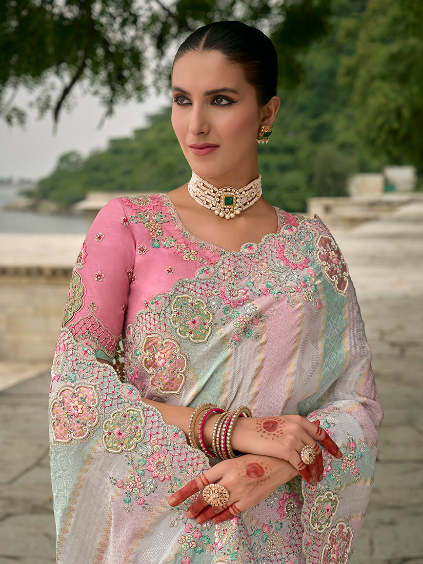 Monjolika Fashion Multicolor Banarasi Silk Blend Embroidered With Heavy Patchwork Border Saree With Contrast Blouse | Swadesiicart