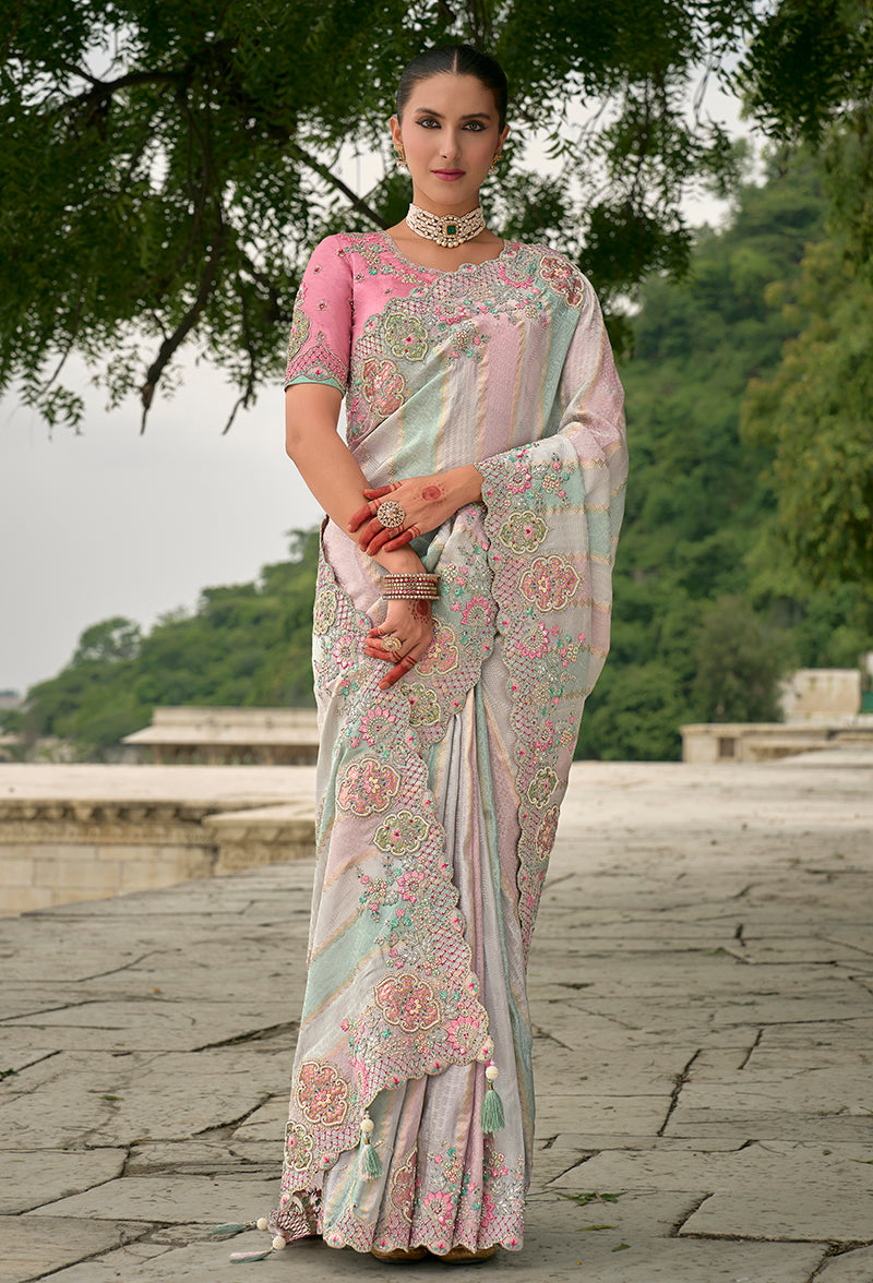 Monjolika Fashion Multicolor Banarasi Silk Blend Embroidered With Heavy Patchwork Border Saree With Contrast Blouse | Swadesiicart