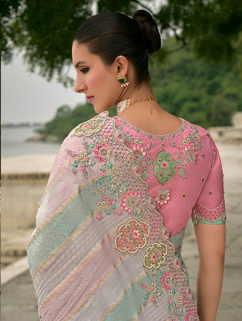 Monjolika Fashion Multicolor Banarasi Silk Blend Embroidered With Heavy Patchwork Border Saree With Contrast Blouse | Swadesiicart
