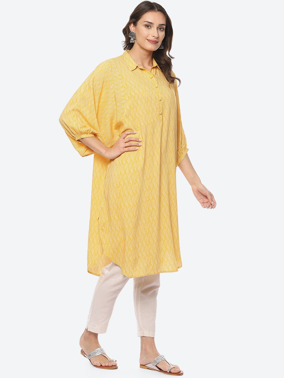 Biba Abstract Printed Batwing Sleeves Shirt Collar Kurta - Swadesiicart