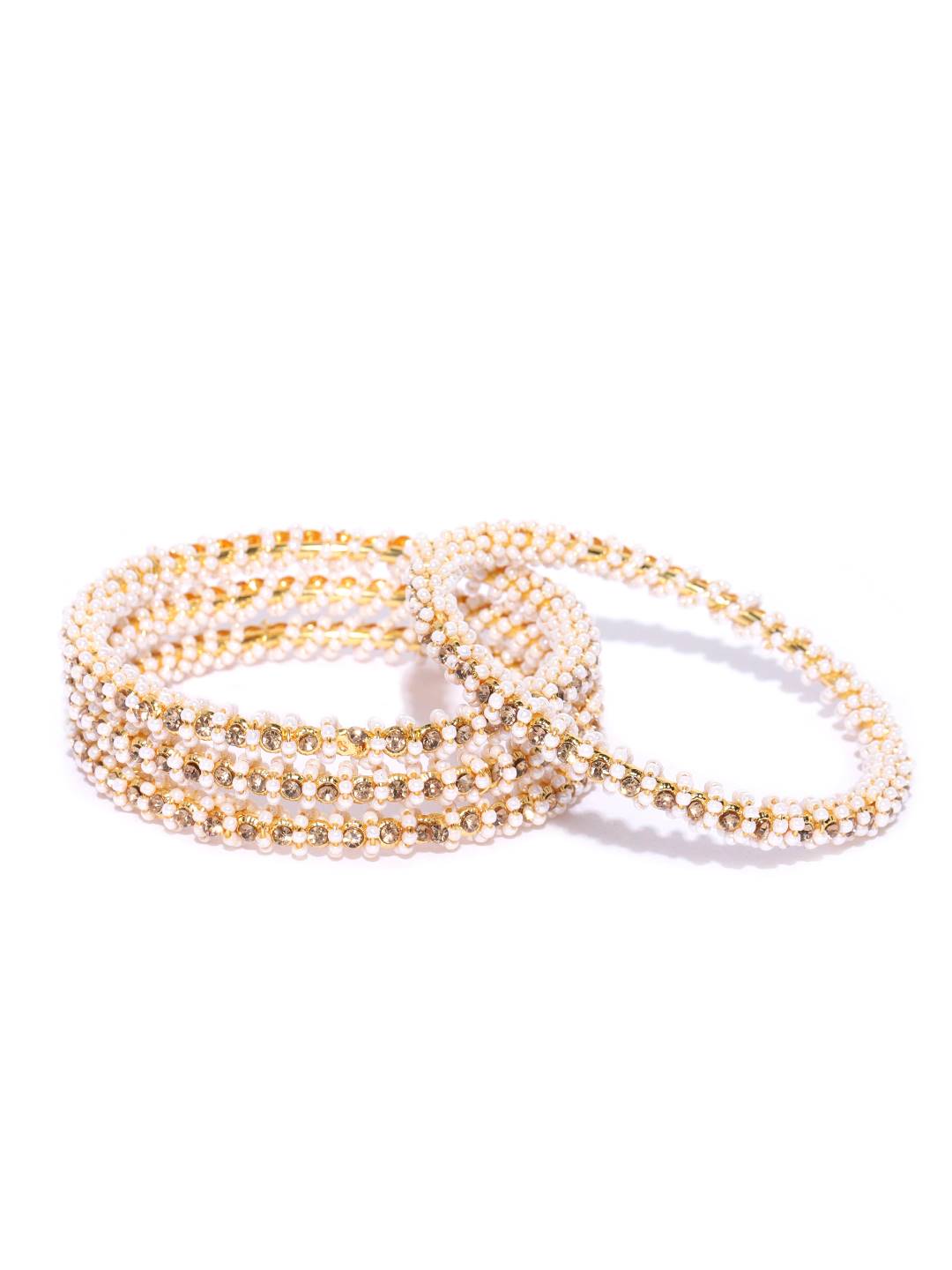 Gold-Polished Alloy Pearl And Rhinestones Studded Bangle Set - The Pari - Swadesiicart