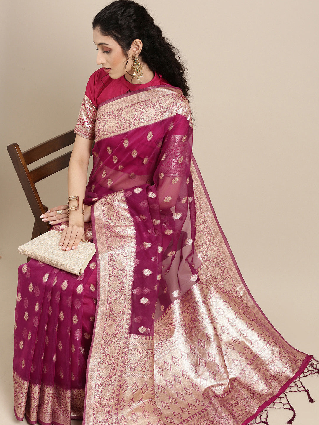 Saree Mall Magenta Ethnic Motifs Zari Organza Banarasi Saree | Swadesiicart