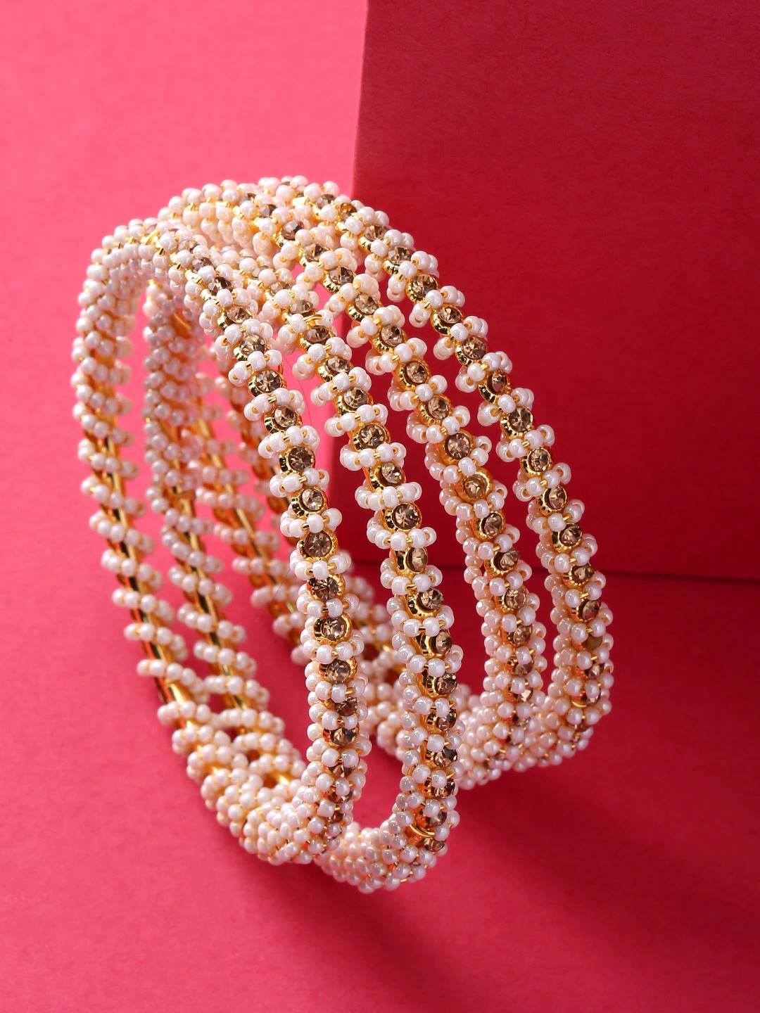 Gold-Polished Alloy Pearl And Rhinestones Studded Bangle Set - The Pari - The Pari - Dinesh Associates