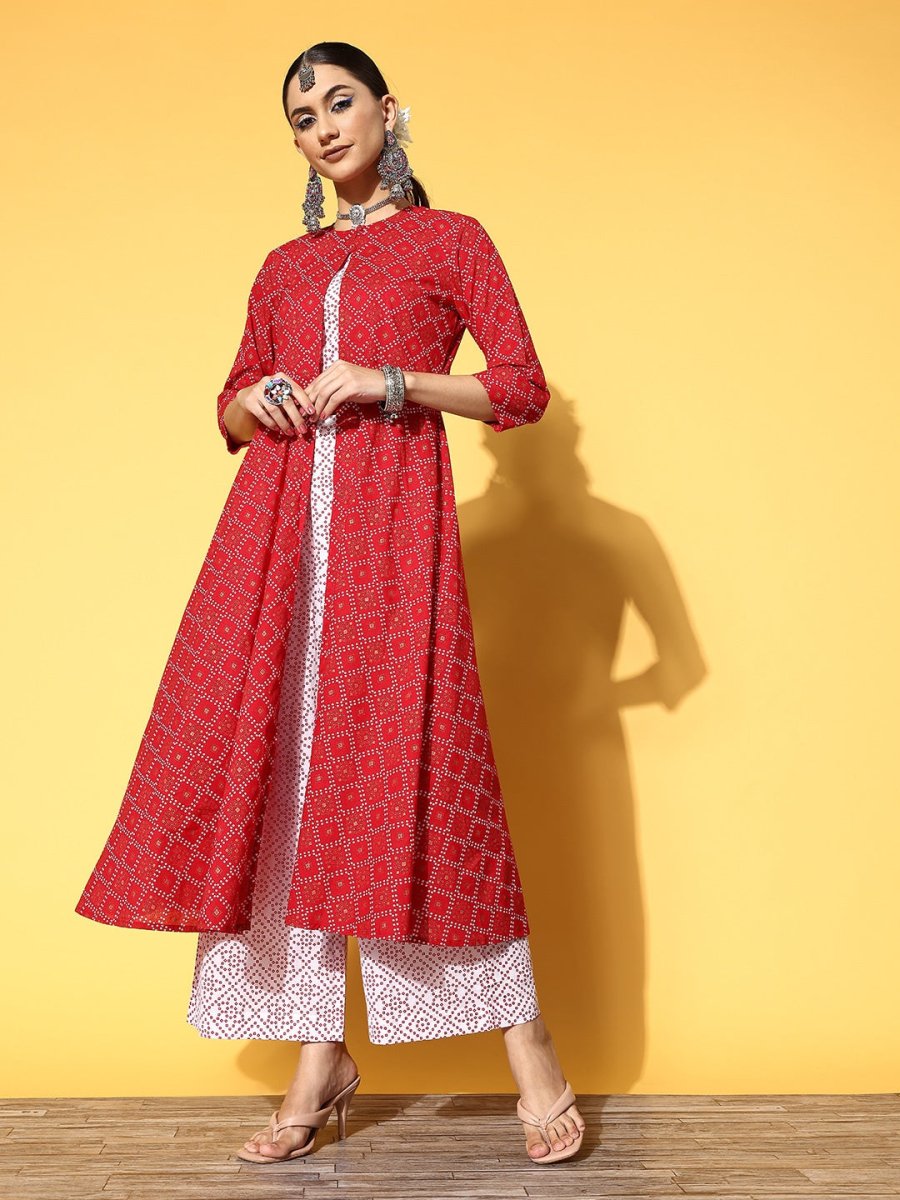Anouk Women Red & Off-White Bandhani Print Pure Cotton Crop Top with Palazzos & Jacket - Swadesiicart