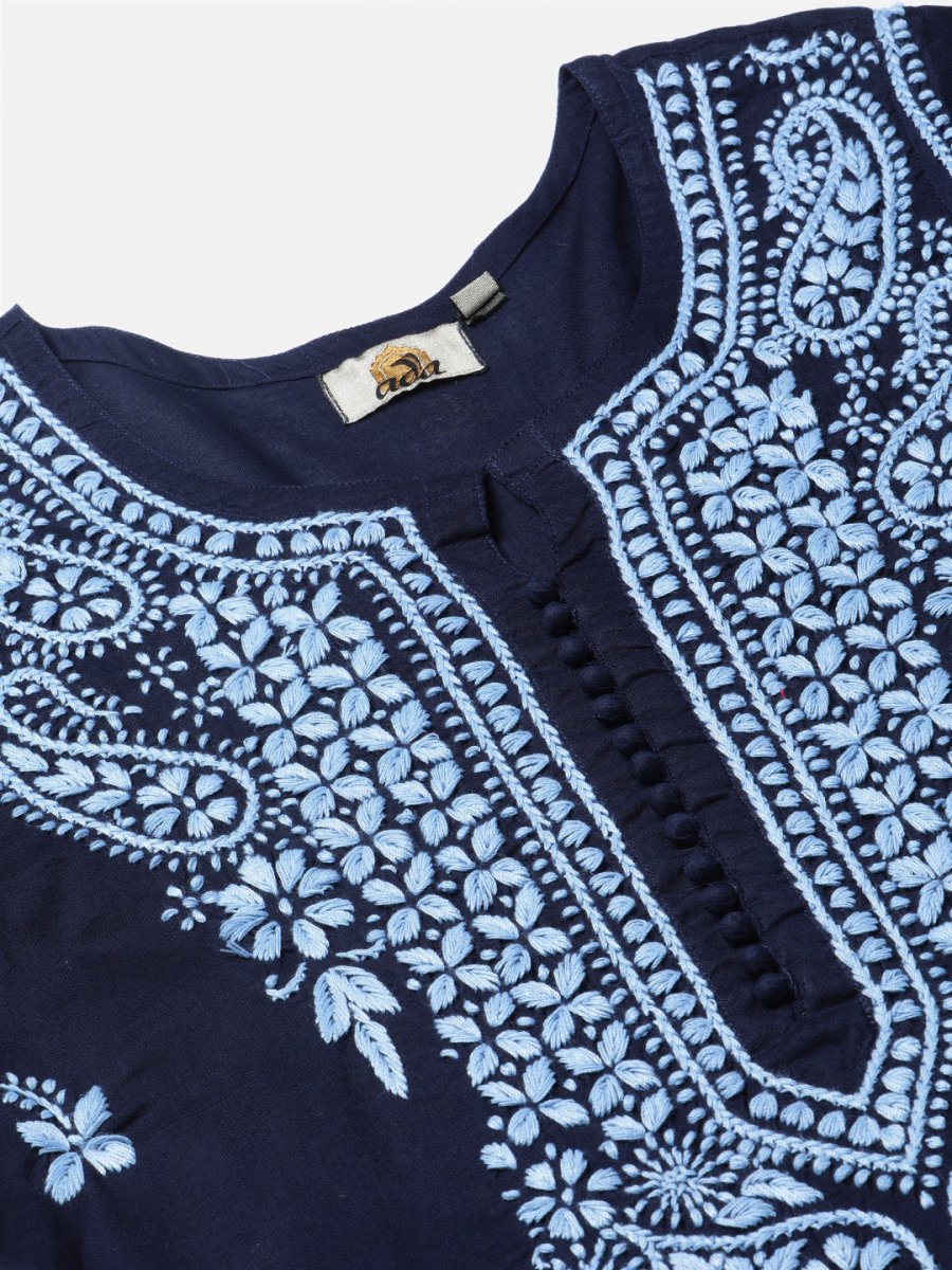 ADA Women Blue Chikankari Hand Embroidered Cotton Straight Sustainable Handloom Kurta | Swadesiicart