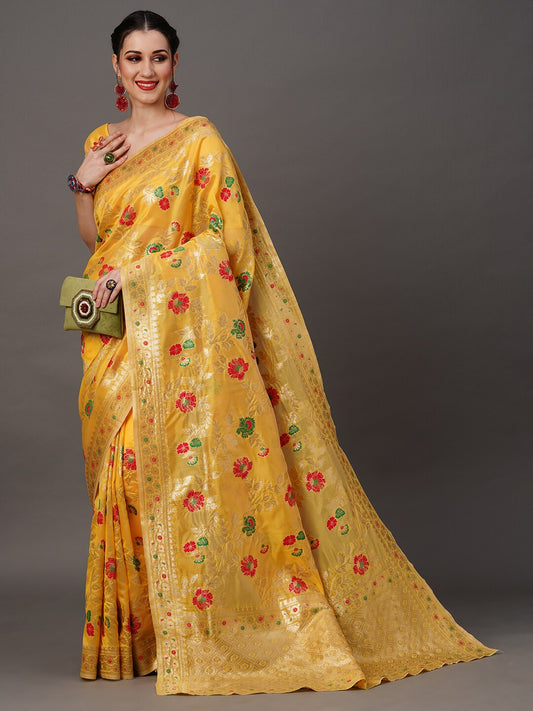 Mitera Floral Organza Banarasi Zari Saree With Blouse Piece | Swadesiicart