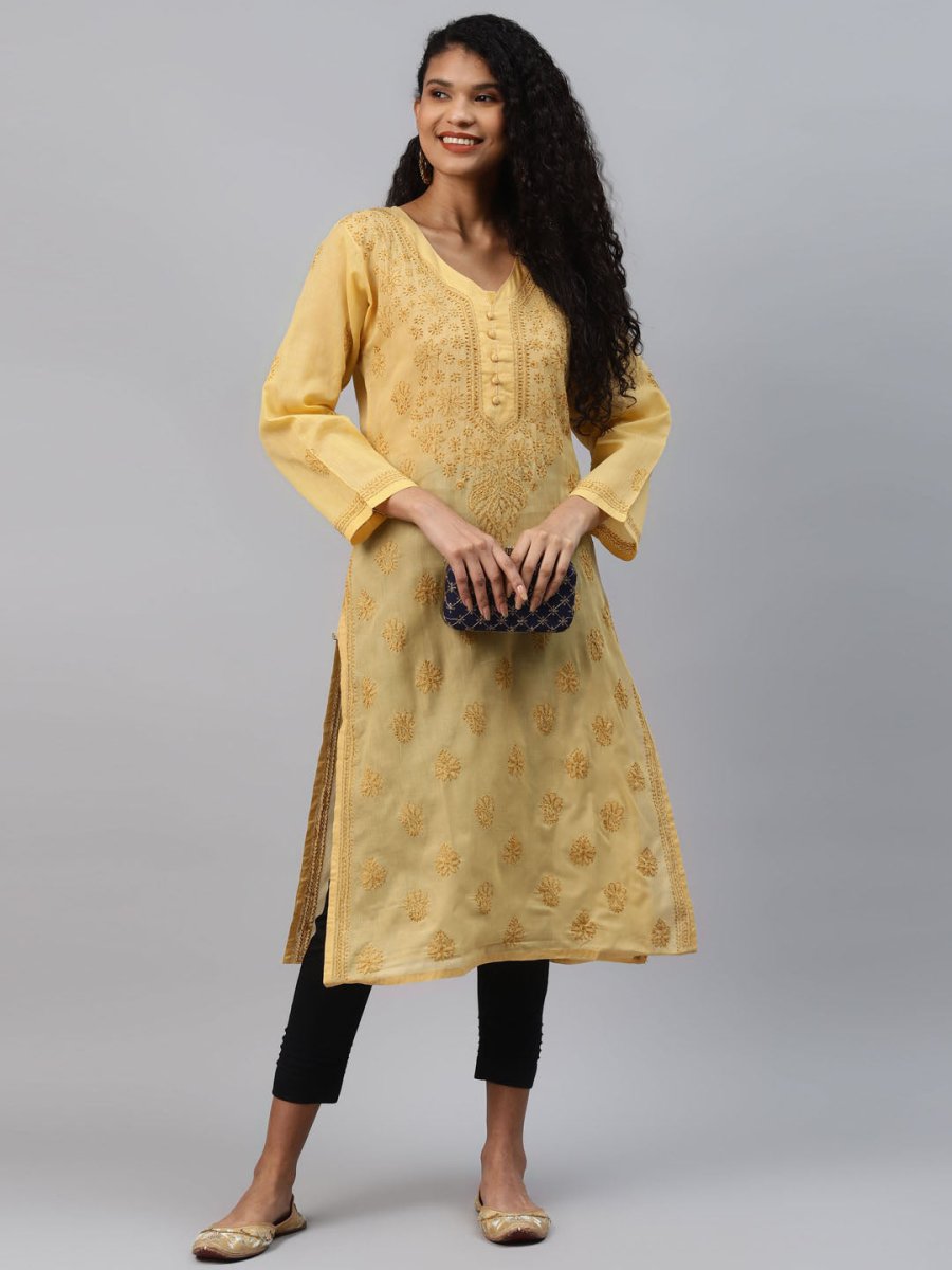 ADA Women Beige & Black Ethnic Motifs Embroidered Chikankari Handloom Kurta with Trousers | Swadesiicart