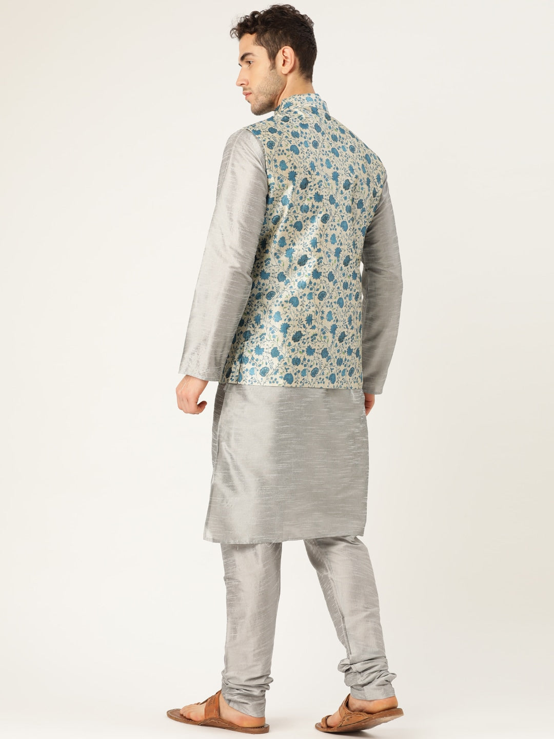Sojanya Men Grey & Blue Solid Kurta Set with Nehru Jacket | Swadesiicart