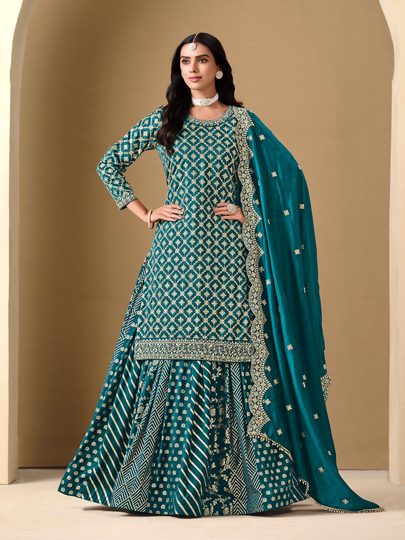 Monjolika Fashion Jacquard Work Dola Teal Readymade Lehenga Choli - Swadesiicart
