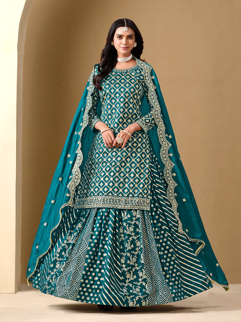 Monjolika Fashion Jacquard Work Dola Teal Readymade Lehenga Choli - Swadesiicart